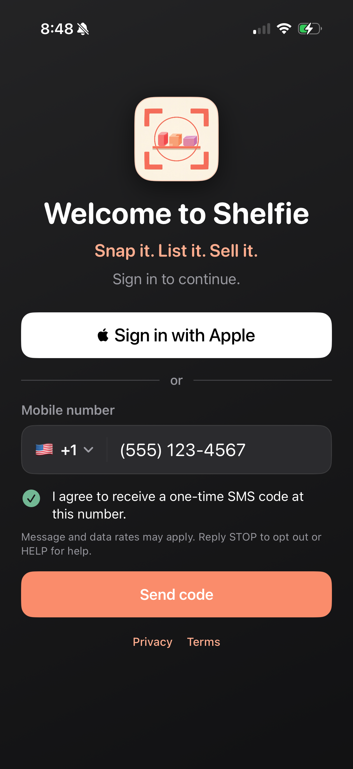 Shelfie sign-in screen with phone number, SMS consent checkbox, rates disclosure, Privacy and Terms links, and Send code button